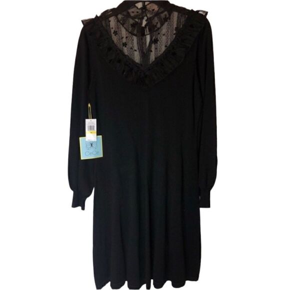 CeCe Black Ruffled Lace Top Button Back Long Sleeves Sweater Fabric BNWT… - Picture 1 of 6